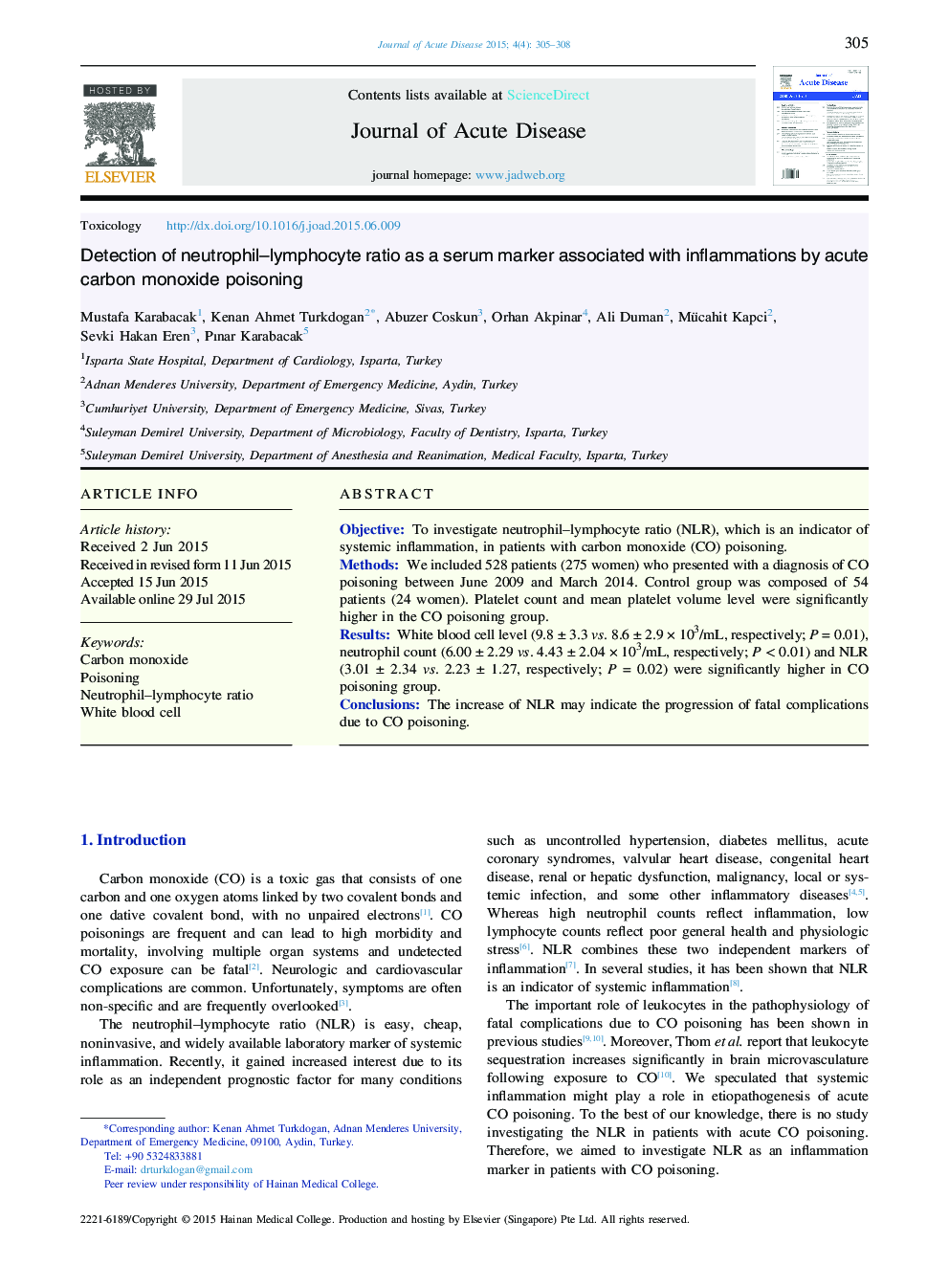 Detection of neutrophil–lymphocyte ratio as a serum marker associated with inflammations by acute carbon monoxide poisoning 