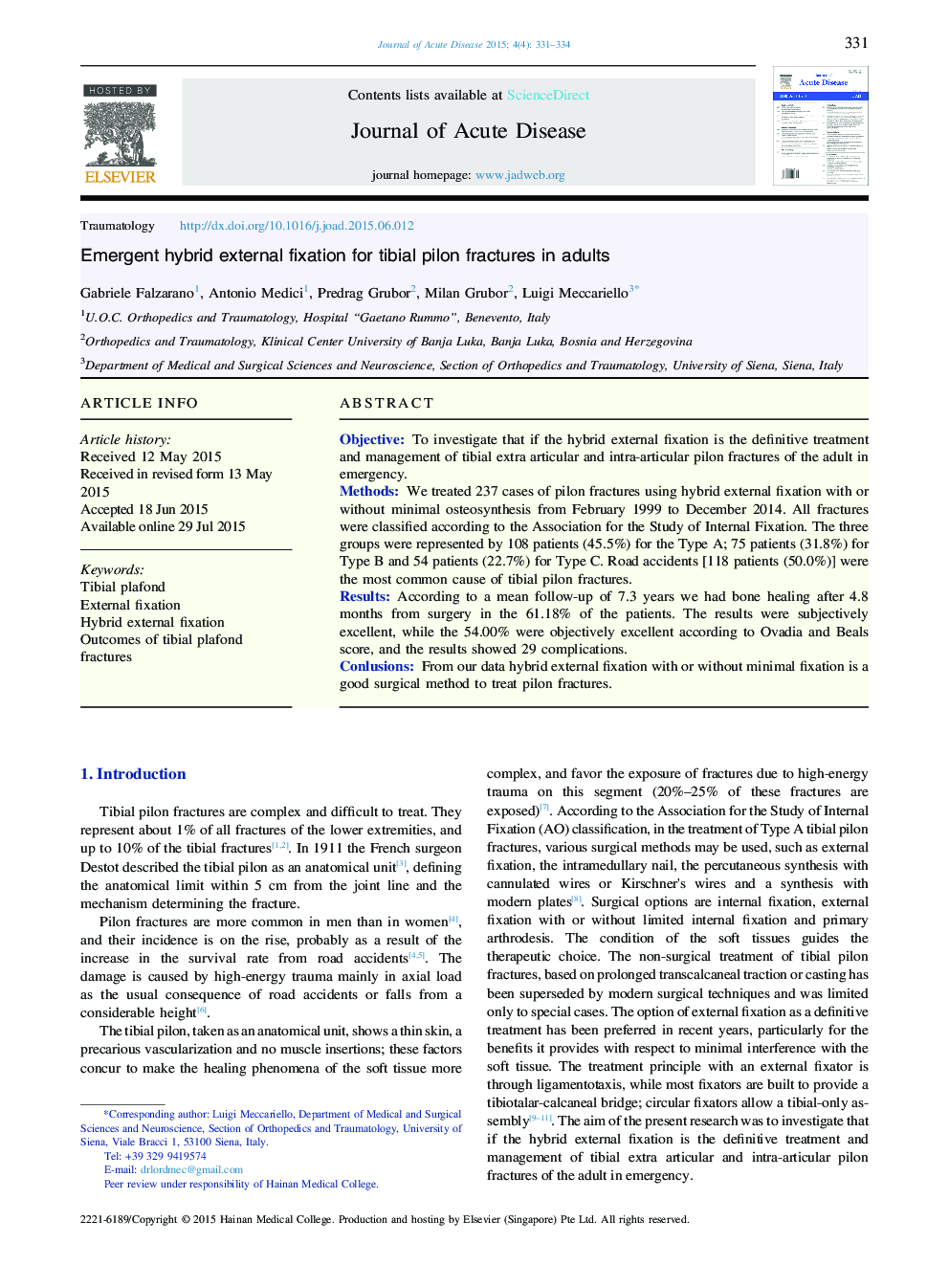 Emergent hybrid external fixation for tibial pilon fractures in adults 