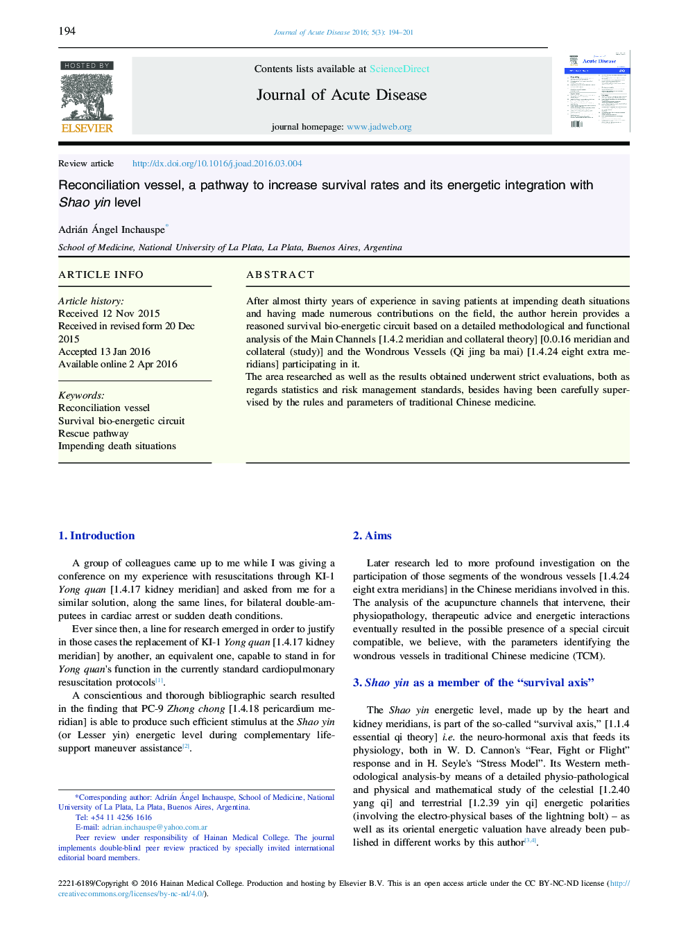 Reconciliation vessel, a pathway to increase survival rates and its energetic integration with Shao yin level 