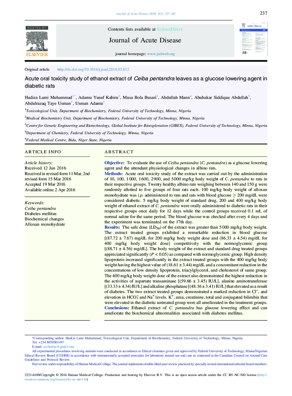 Acute oral toxicity study of ethanol extract of Ceiba pentandra leaves as a glucose lowering agent in diabetic rats 