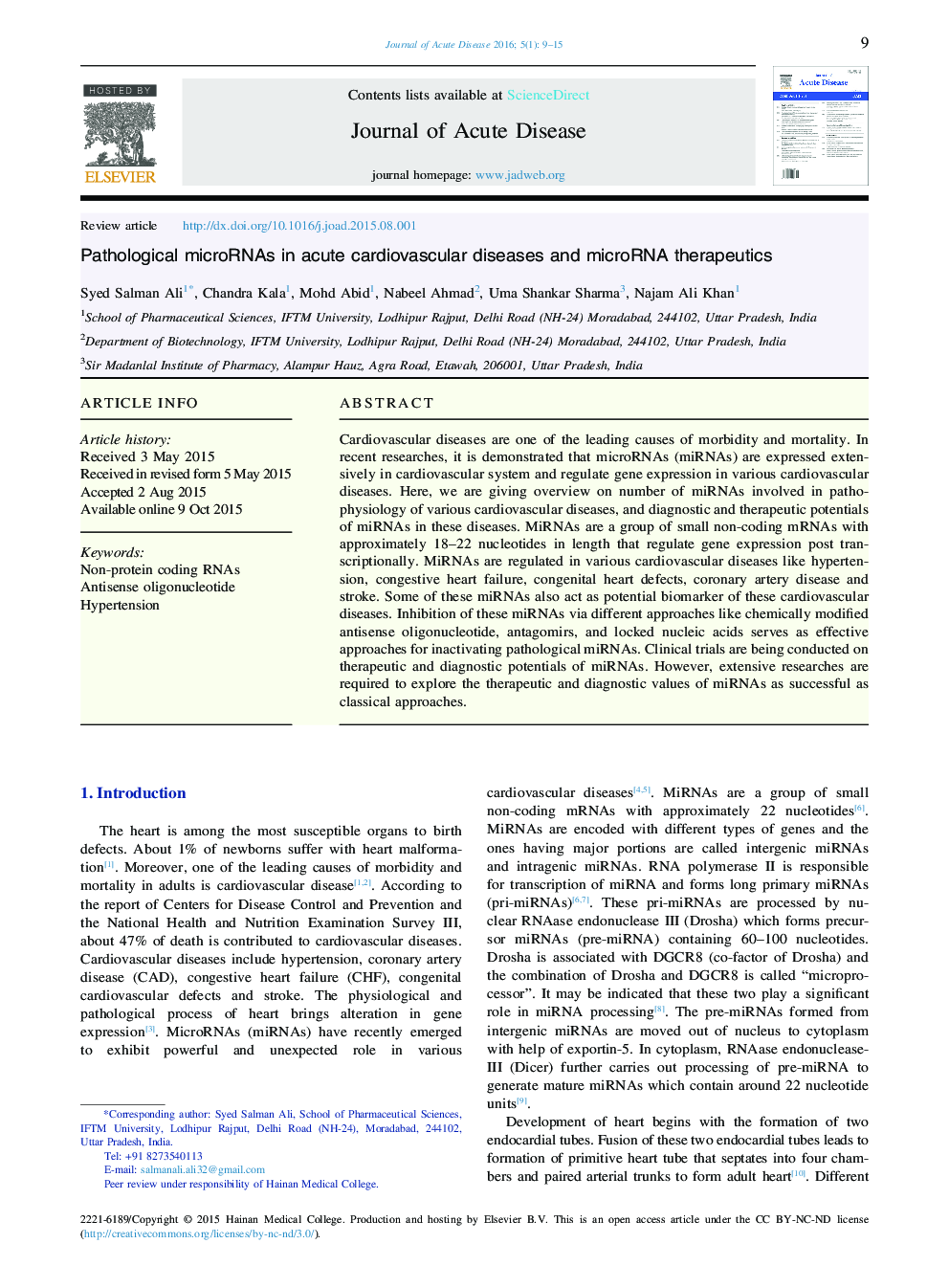 Pathological microRNAs in acute cardiovascular diseases and microRNA therapeutics 