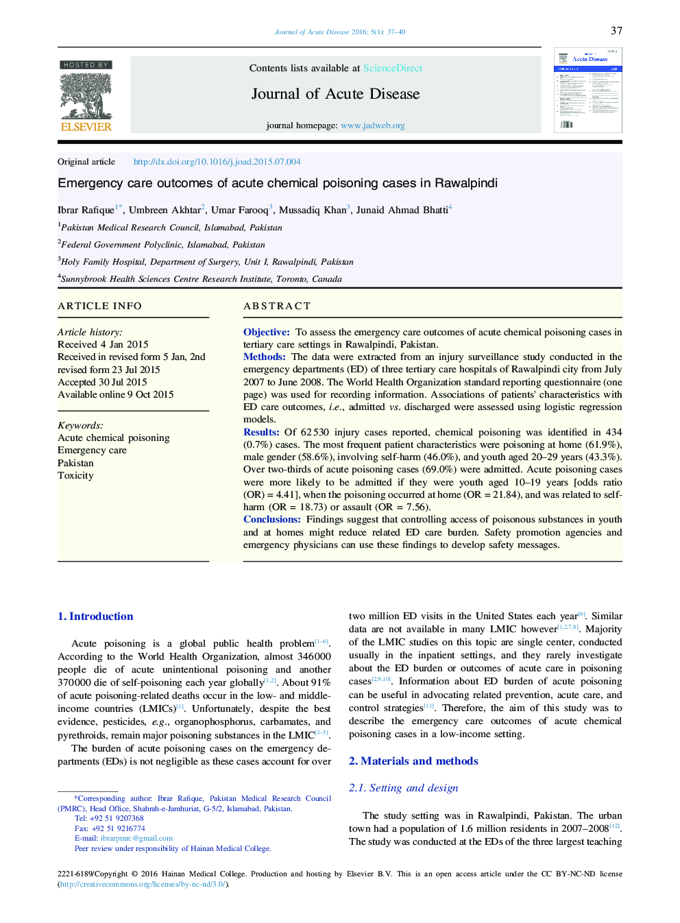 Emergency care outcomes of acute chemical poisoning cases in Rawalpindi 