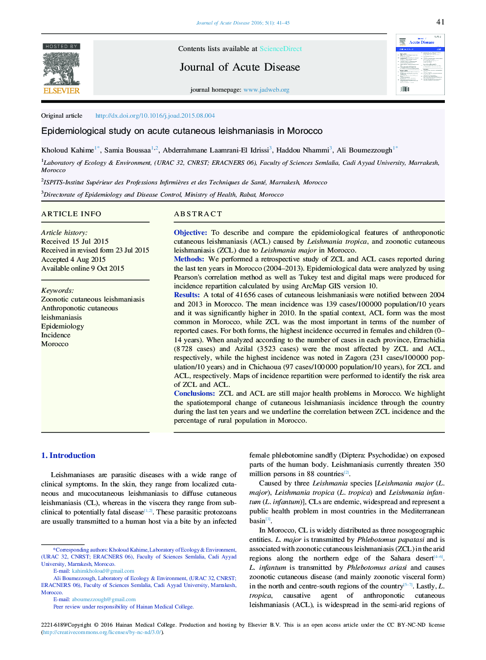 Epidemiological study on acute cutaneous leishmaniasis in Morocco 