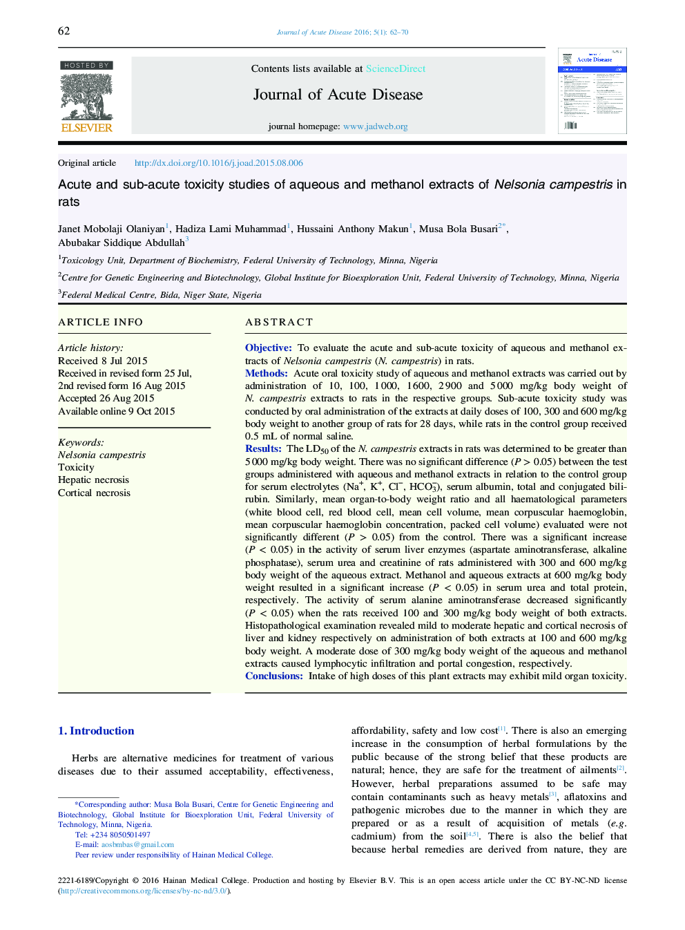 Acute and sub-acute toxicity studies of aqueous and methanol extracts of Nelsonia campestris in rats 