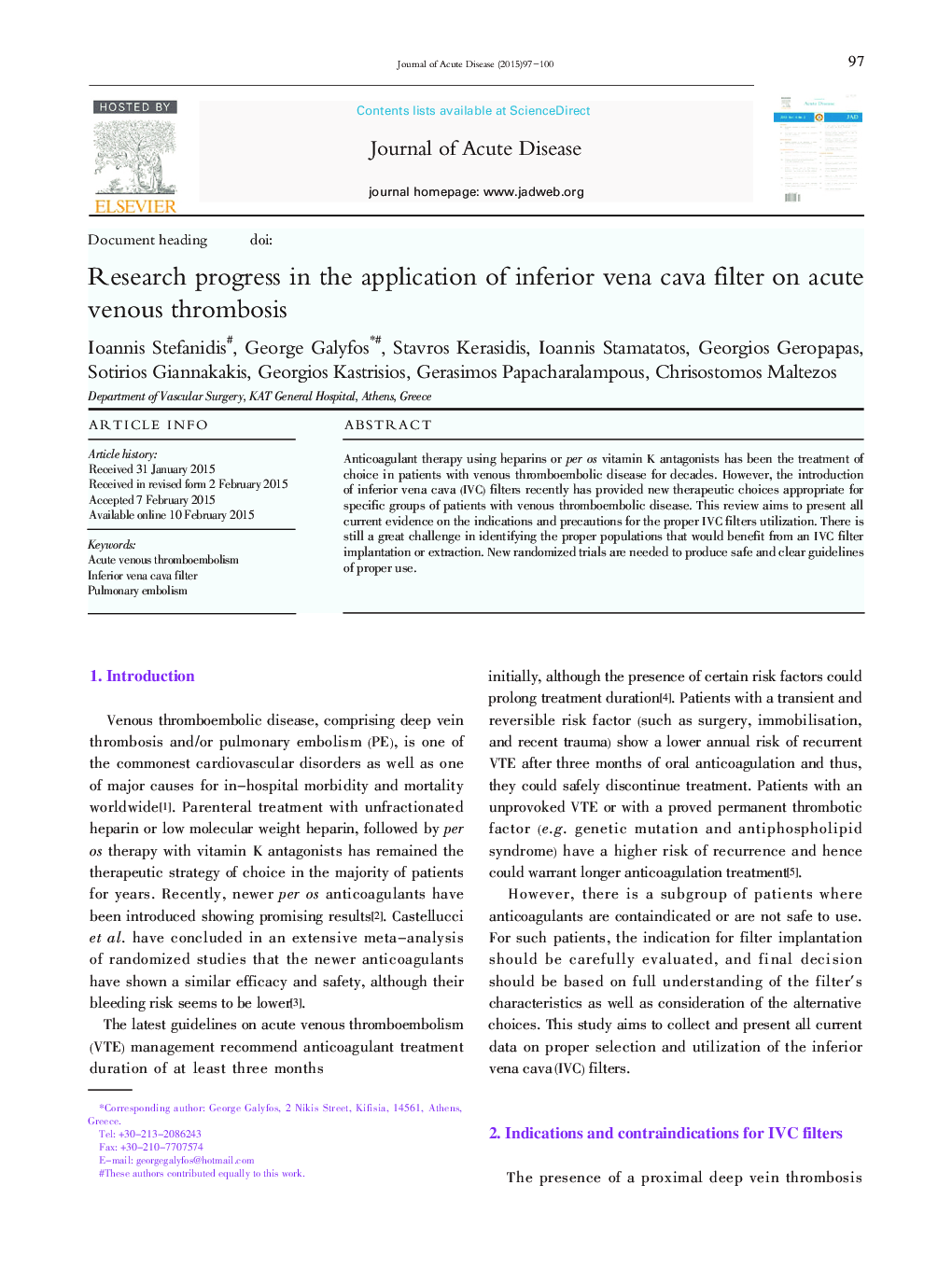 Research progress in the application of inferior vena cava filter on acute venous thrombosis 