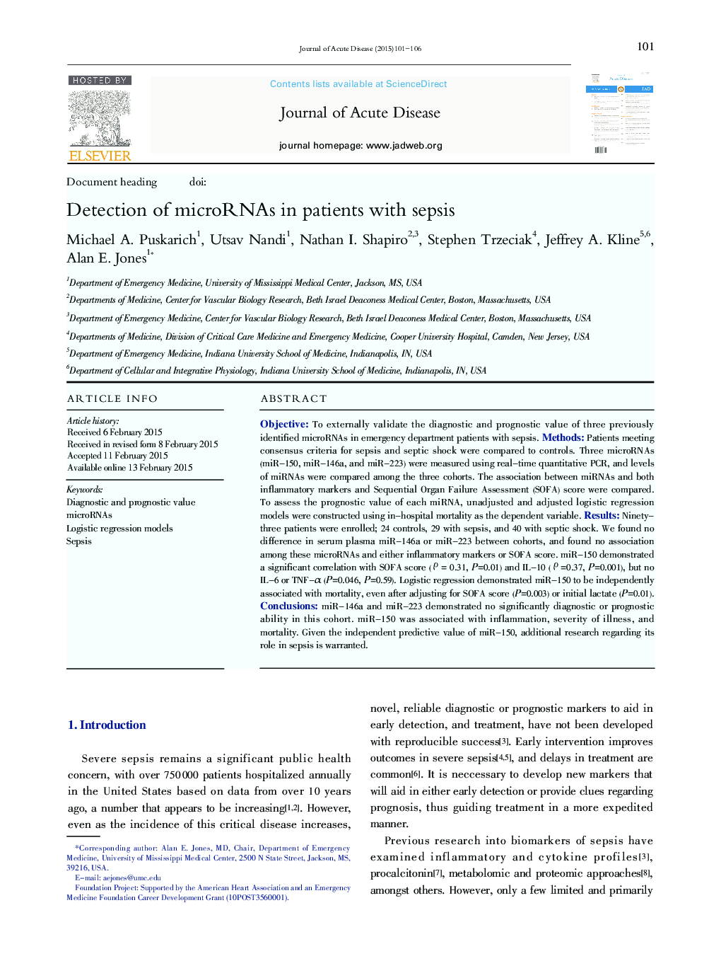 Detection of microRNAs in patients with sepsis 