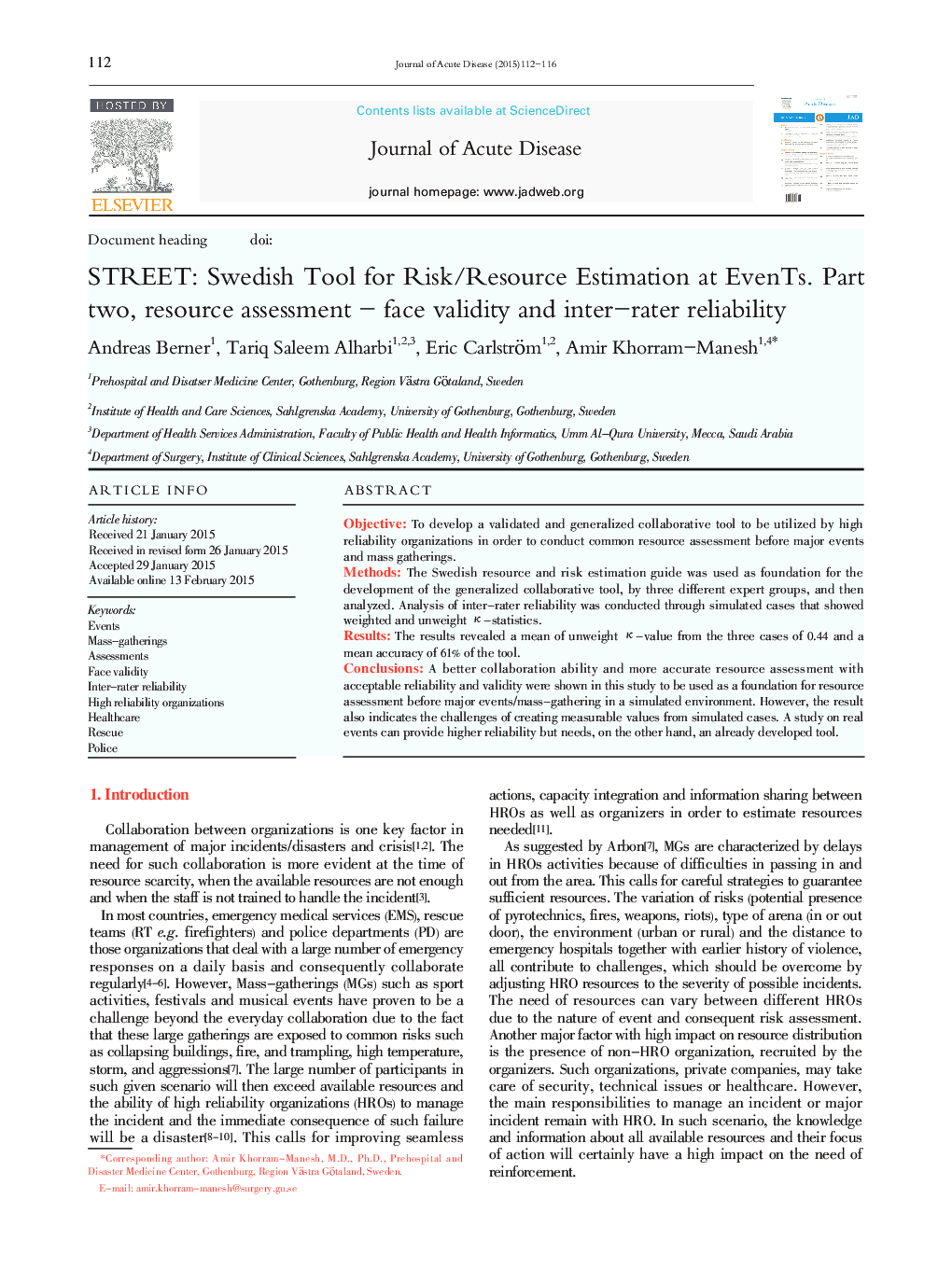 STREET: Swedish Tool for Risk/Resource Estimation at EvenTs. Part two, resource assessment – face validity and inter–rater reliability 