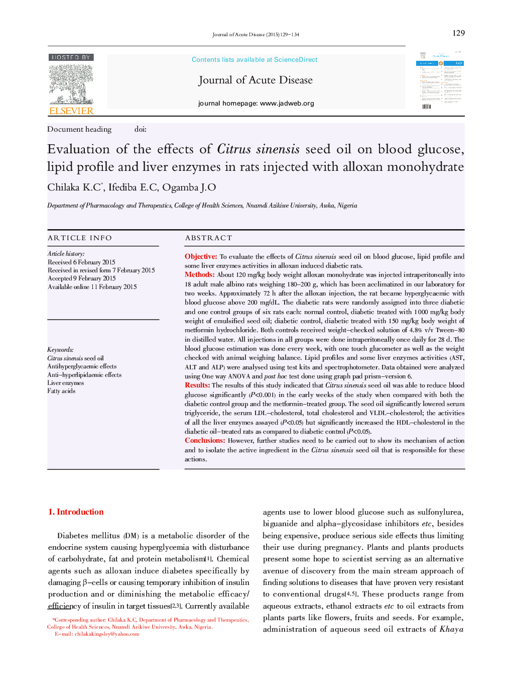 Evaluation of the effects of Citrus sinensis seed oil on blood glucose, lipid profile and liver enzymes in rats injected with alloxan monohydrate 