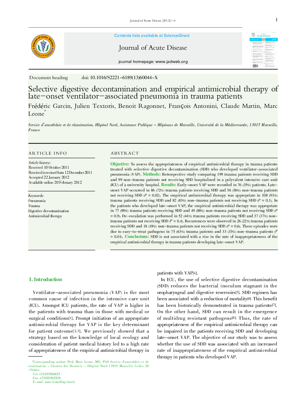 Selective digestive decontamination and empirical antimicrobial therapy of late–onset ventilator–associated pneumonia in trauma patients 