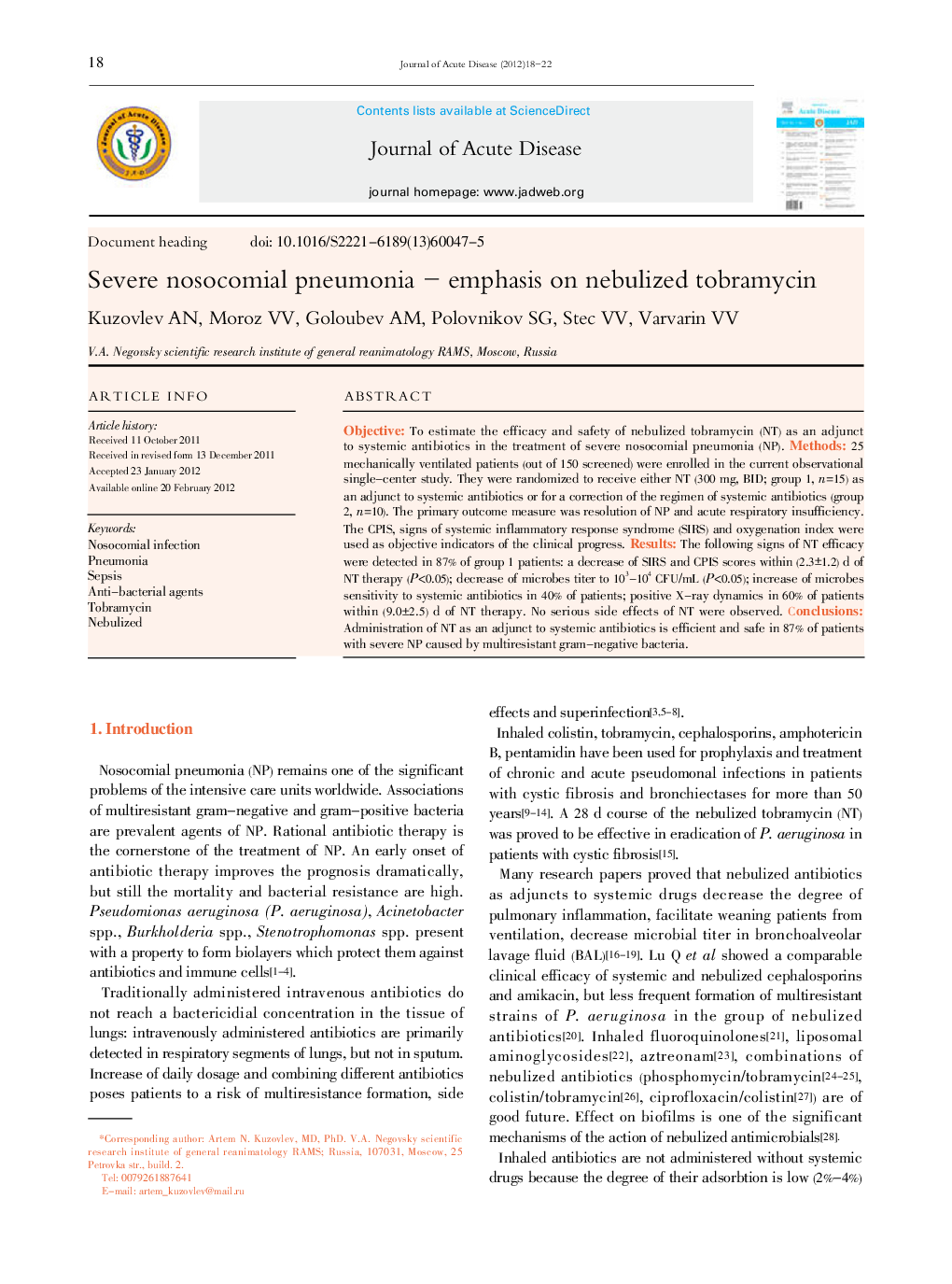 Severe nosocomial pneumonia – emphasis on nebulized tobramycin 