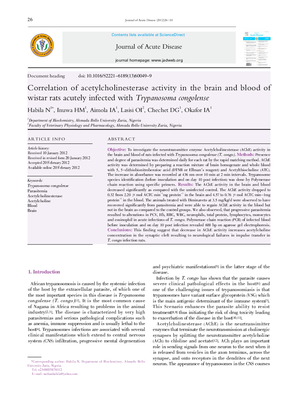 Correlation of acetylcholinesterase activity in the brain and blood of wistar rats acutely infected with Trypanosoma congolense 