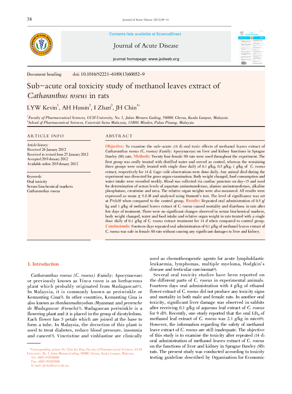 Sub–acute oral toxicity study of methanol leaves extract of Catharanthus roseus in rats 