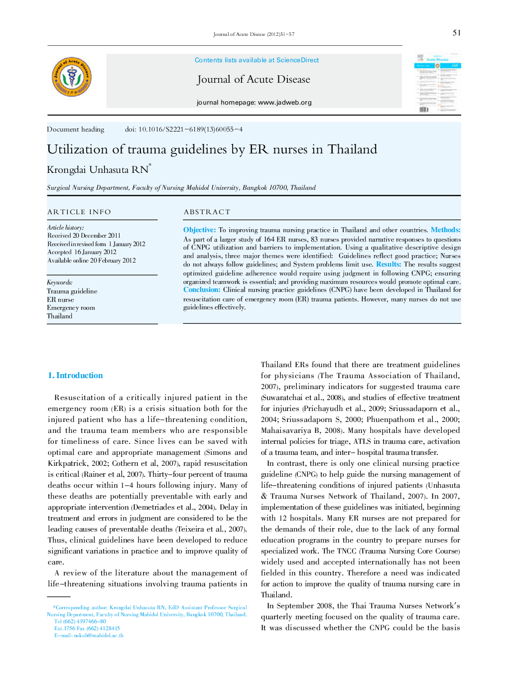 Utilization of trauma guidelines by ER nurses in Thailand 
