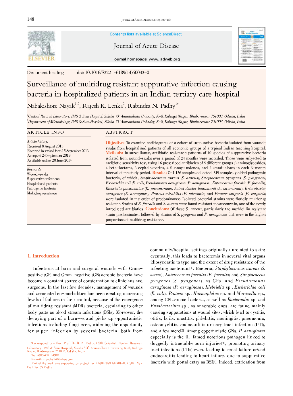 Surveillance of multidrug resistant suppurative infection causing bacteria in hospitalized patients in an Indian tertiary care hospital 