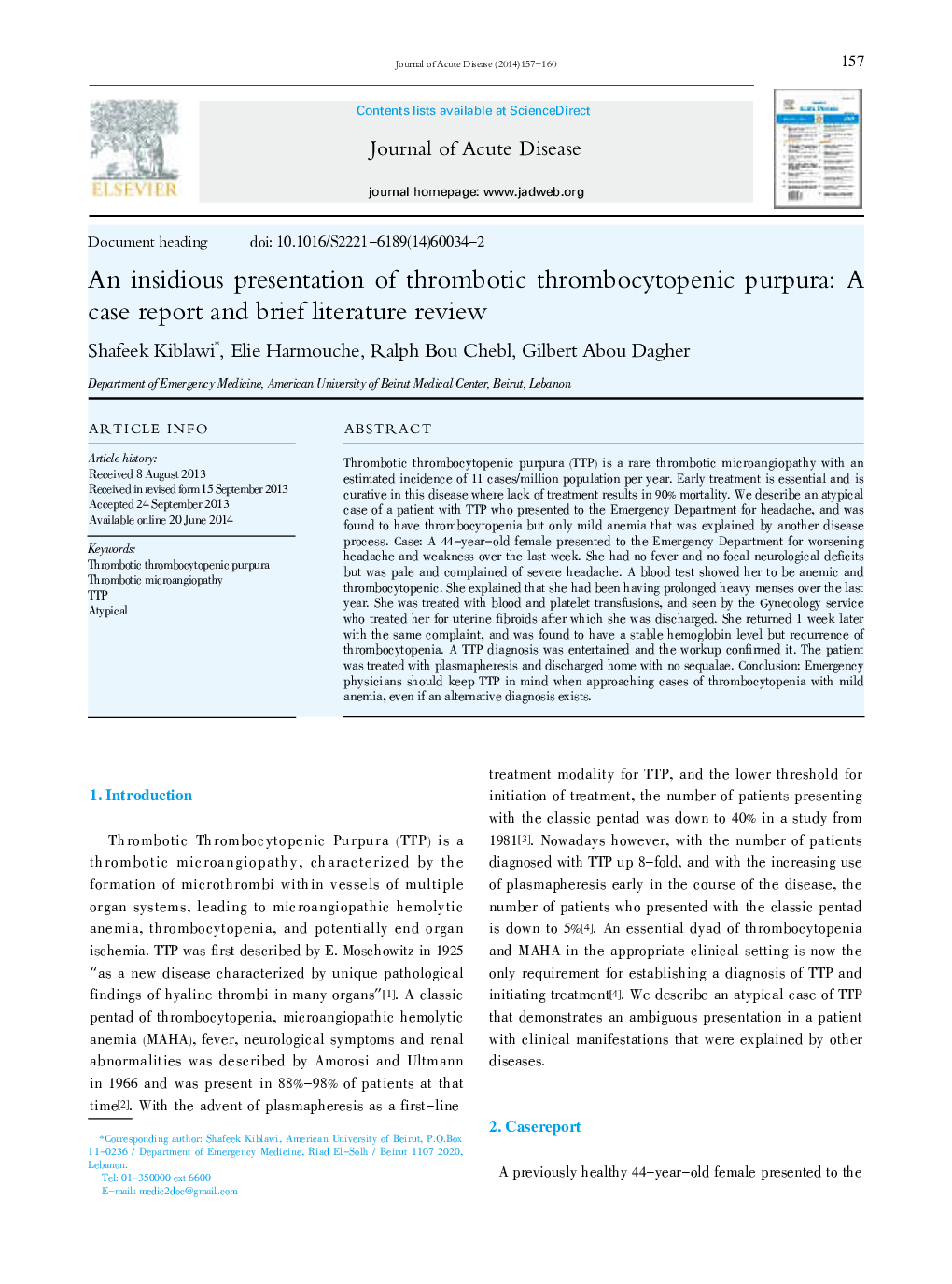 An insidious presentation of thrombotic thrombocytopenic purpura: A case report and brief literature review 