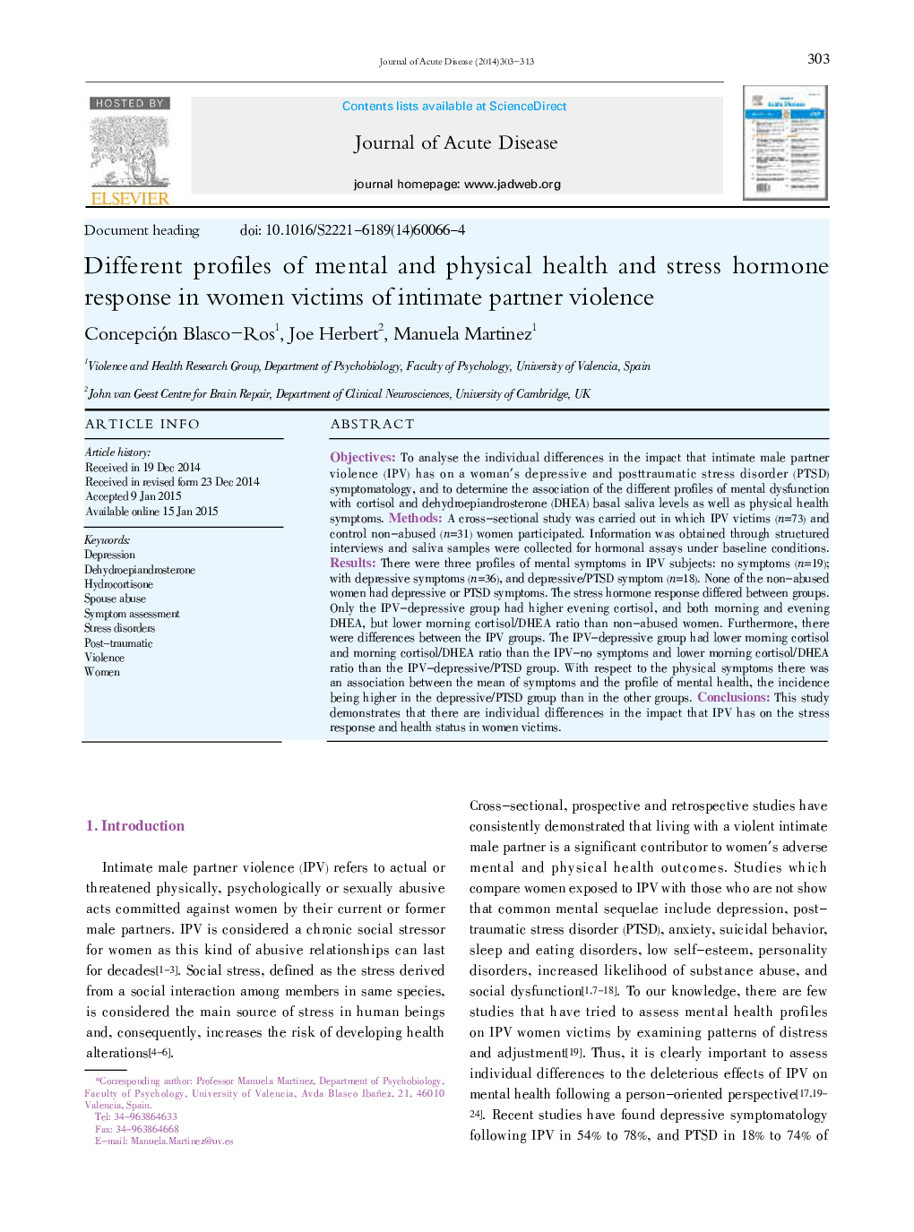 Different profiles of mental and physical health and stress hormone response in women victims of intimate partner violence 