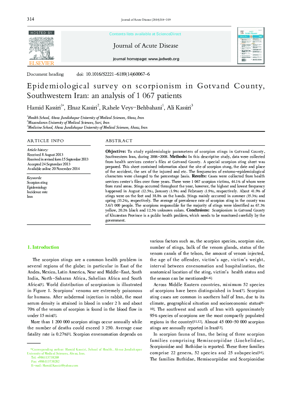 Epidemiological survey on scorpionism in Gotvand County, Southwestern Iran: an analysis of 1 067 patients 