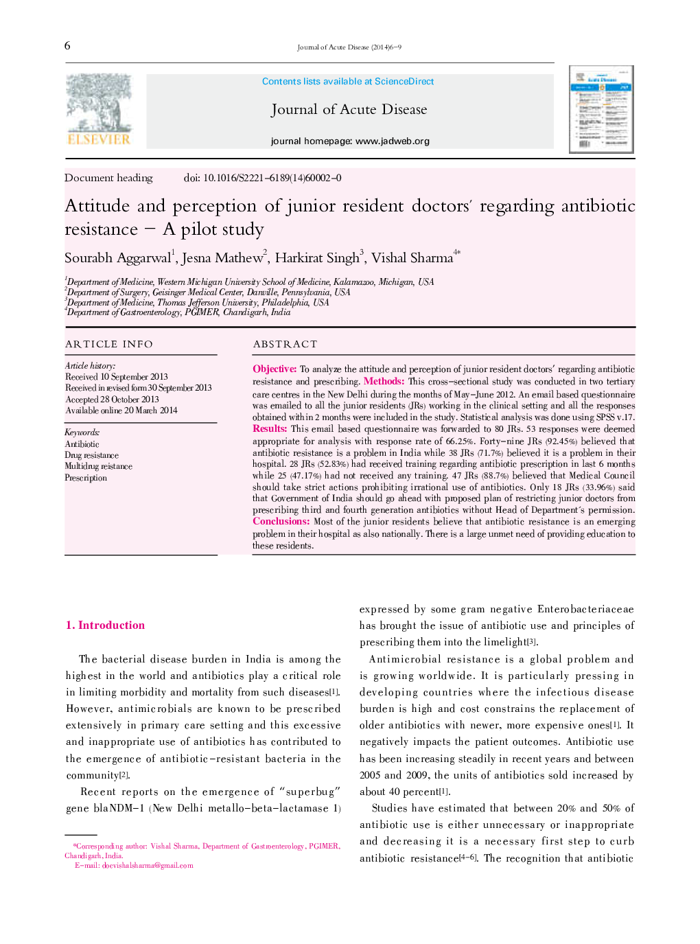 Attitude and perception of junior resident doctors' regarding antibiotic resistance – A pilot study 