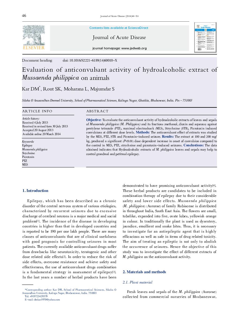 Evaluation of anticonvulsant activity of hydroalcoholic extract of Mussaenda philippica on animals 