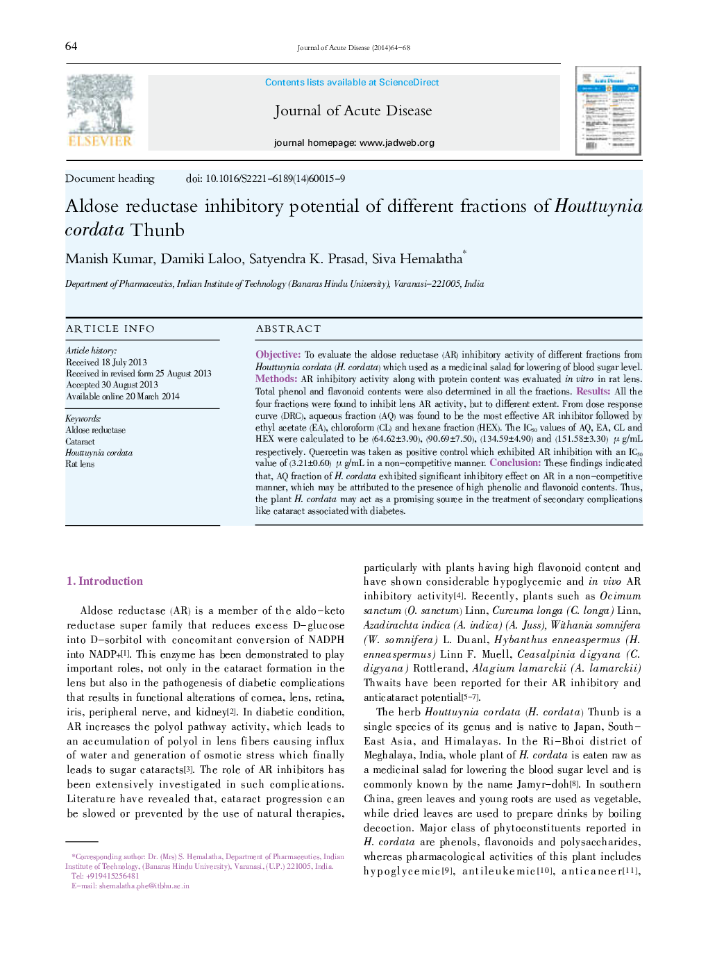 Aldose reductase inhibitory potential of different fractions of Houttuynia cordata Thunb 