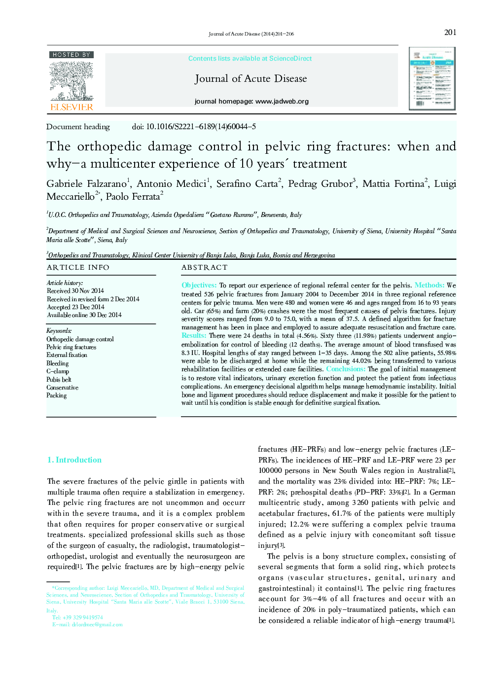 The orthopedic damage control in pelvic ring fractures: when and why-a multicenter experience of 10 years' treatment 