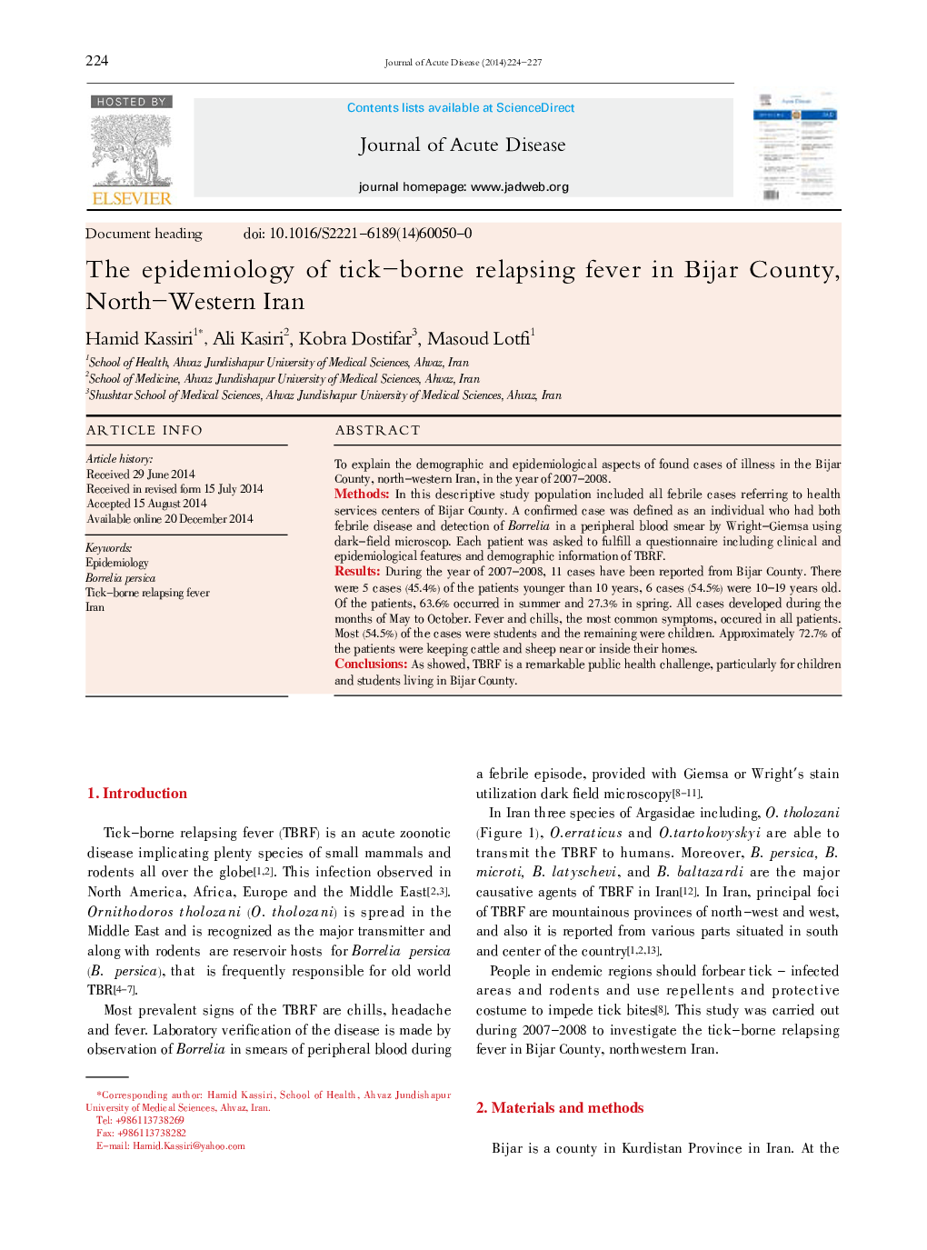 The epidemiology of tick-borne relapsing fever in Bijar County, North-Western Iran 