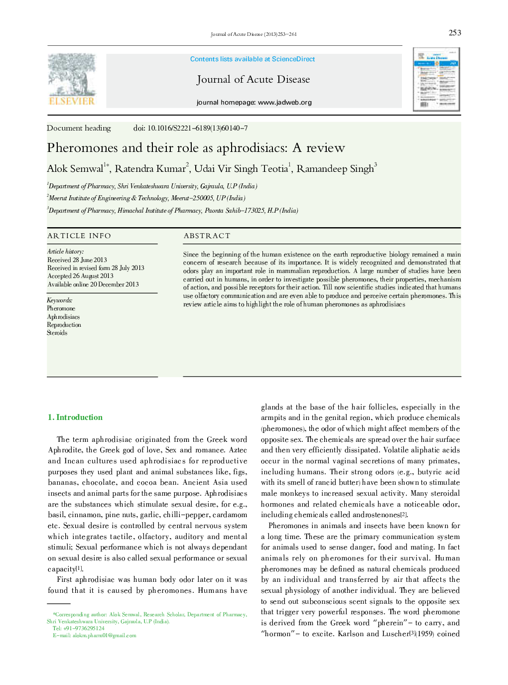Pheromones and their role as aphrodisiacs: A review 