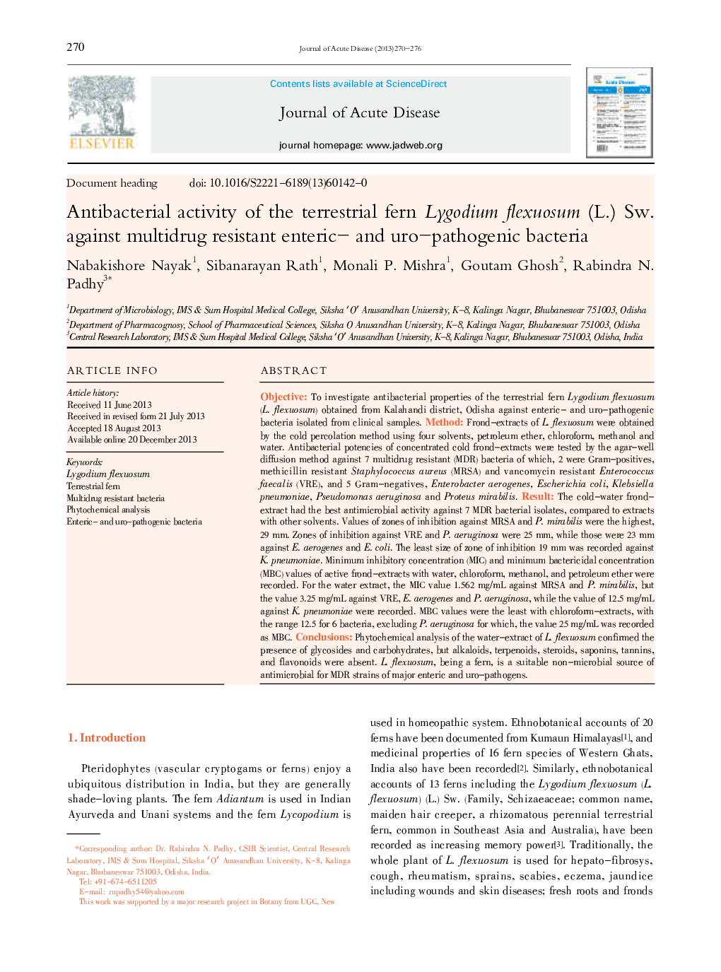 Antibacterial activity of the terrestrial fern Lygodium flexuosum (L.) Sw. against multidrug resistant enteric- and uro-pathogenic bacteria 