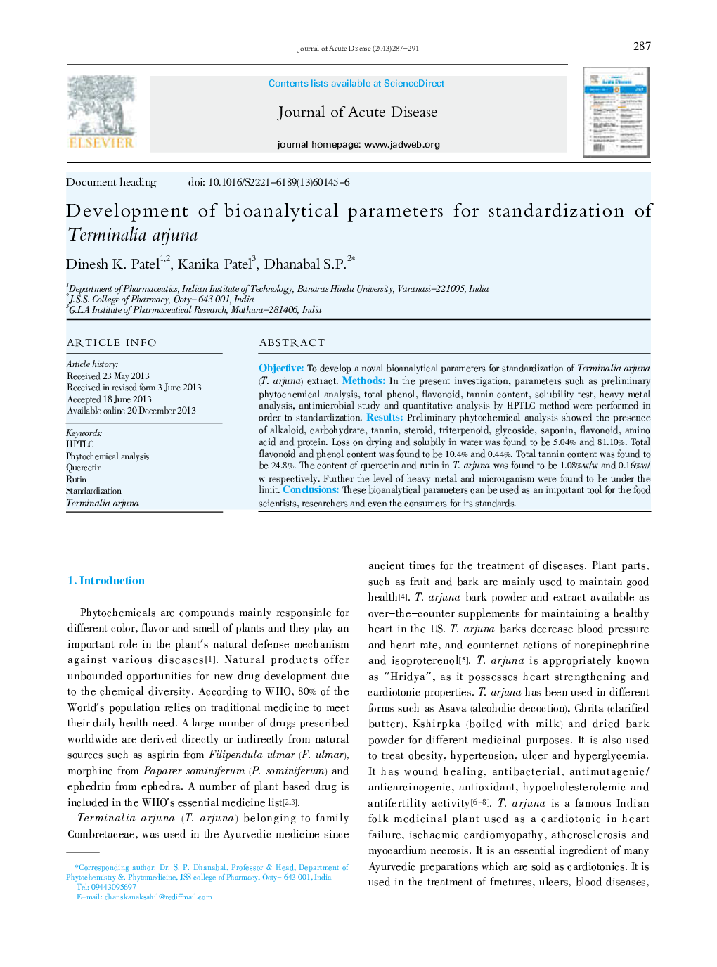 Development of bioanalytical parameters for standardization of Terminalia arjuna 