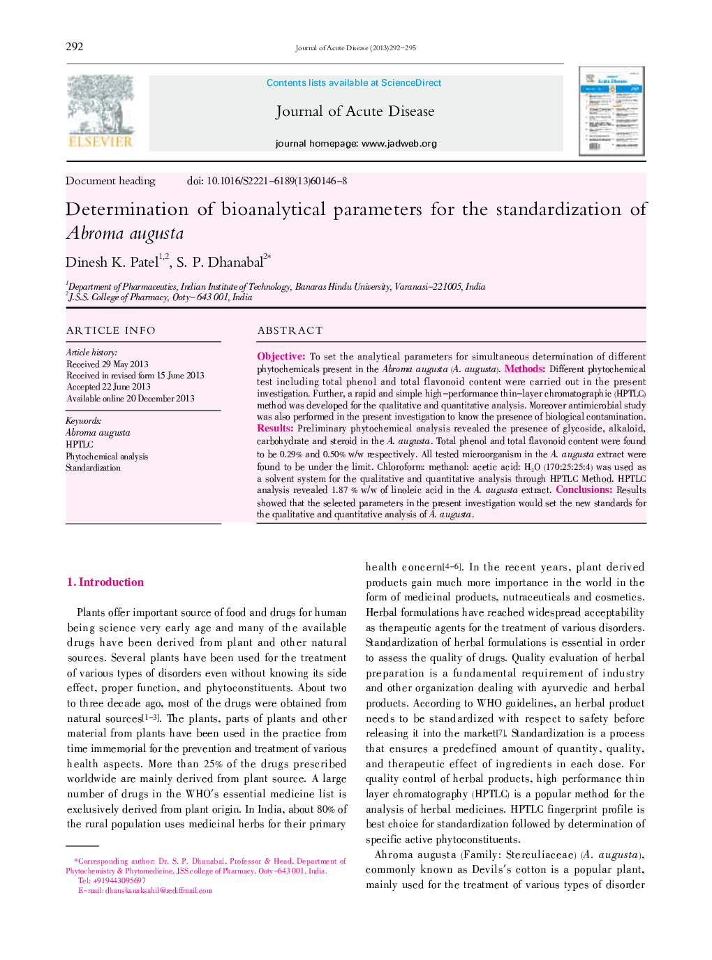 Determination of bioanalytical parameters for the standardization of Abroma augusta 
