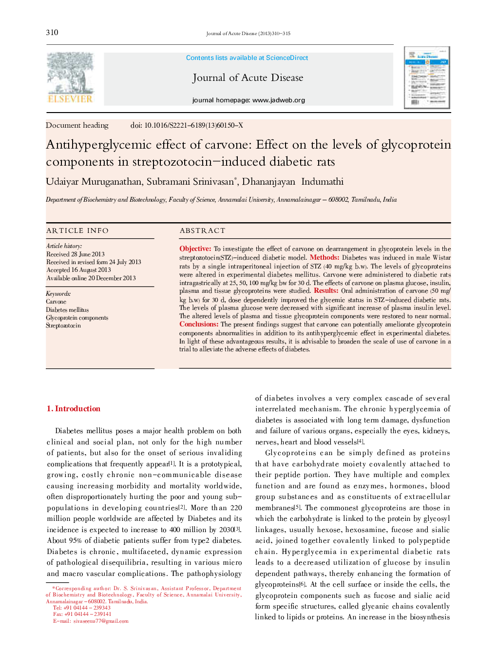 Antihyperglycemic effect of carvone: Effect on the levels of glycoprotein components in streptozotocin-induced diabetic rats 
