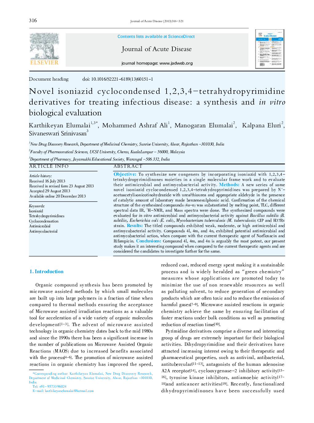 Novel isoniazid cyclocondensed 1,2,3,4-tetrahydropyrimidine derivatives for treating infectious disease: a synthesis and in vitro biological evaluation 
