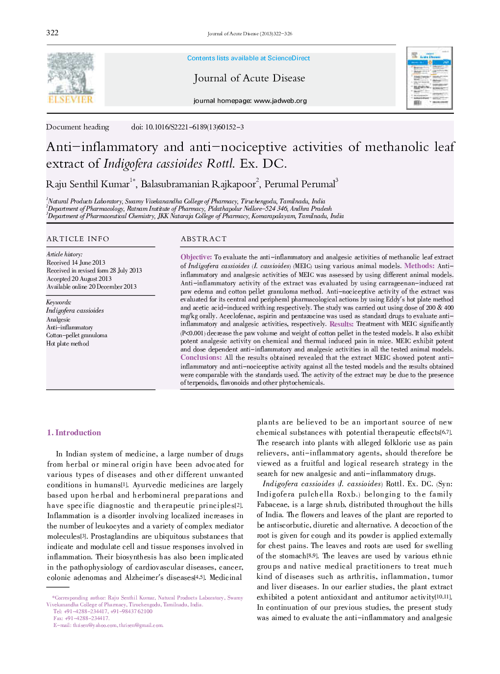 Anti-inflammatory and anti-nociceptive activities of methanolic leaf extract of Indigofera cassioides Rottl. Ex. DC. 