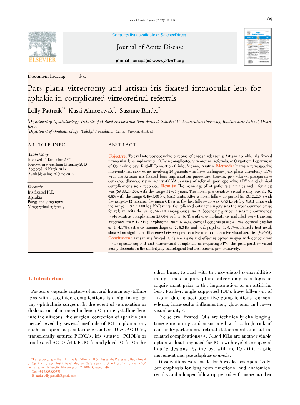 عکس صفحه اول مقاله: Pars plana vitrectomy and artisan iris fixated intraocular lens for aphakia in complicated vitreoretinal referrals Pars plana vitrectomy and artisan iris fixated intraocular lens for aphakia in complicated vitreoretinal referrals