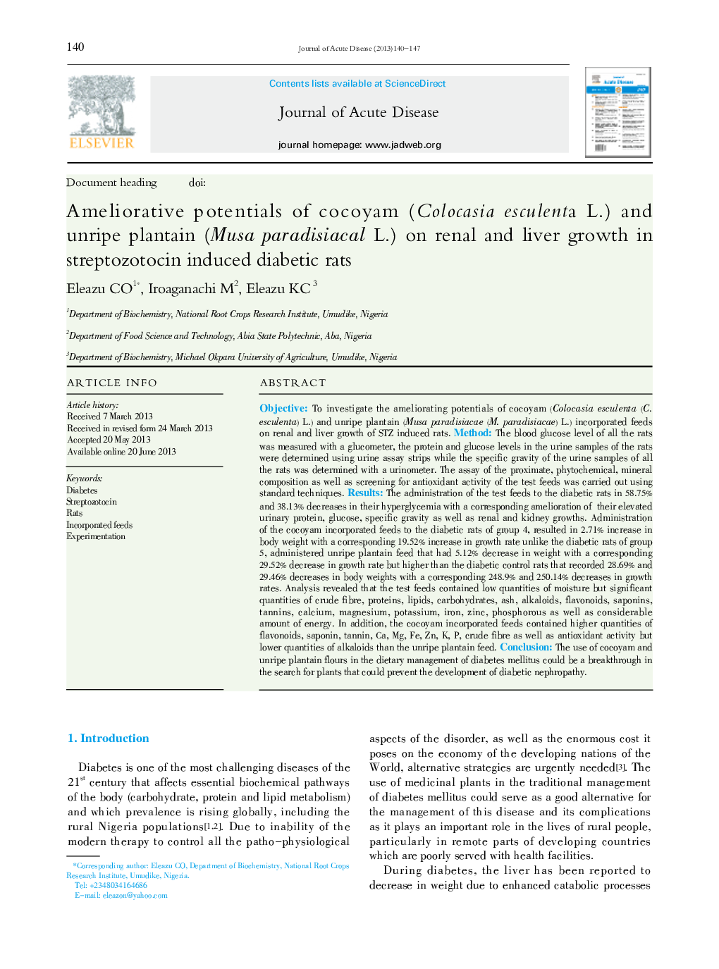 عکس صفحه اول مقاله: Ameliorative potentials of cocoyam (Colocasia esculenta L.) and unripe plantain (Musa paradisiacal L.) on renal and liver growth in streptozotocin induced diabetic rats Ameliorative potentials of cocoyam (Colocasia esculenta L.) and unripe plantain (Musa paradisiacal L.) on renal and liver growth in streptozotocin induced diabetic rats