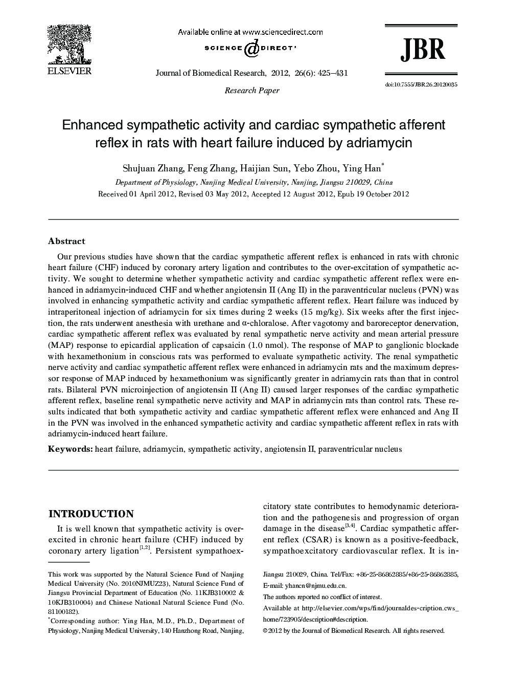 Enhanced sympathetic activity and cardiac sympathetic afferent reflex in rats with heart failure induced by adriamycin 