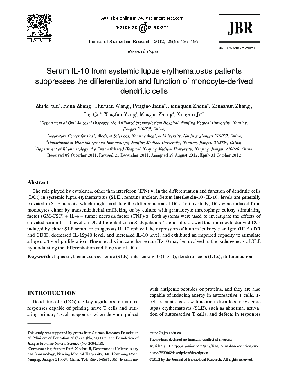 Serum IL-10 from systemic lupus erythematosus patients suppresses the differentiation and function of monocyte-derived dendritic cells 