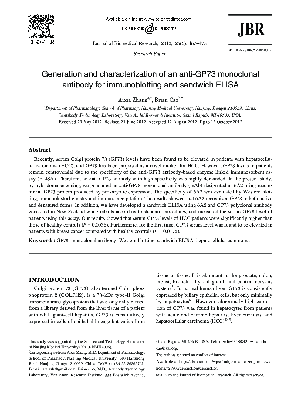 Generation and characterization of an anti-GP73 monoclonal antibody for immunoblotting and sandwich ELISA 