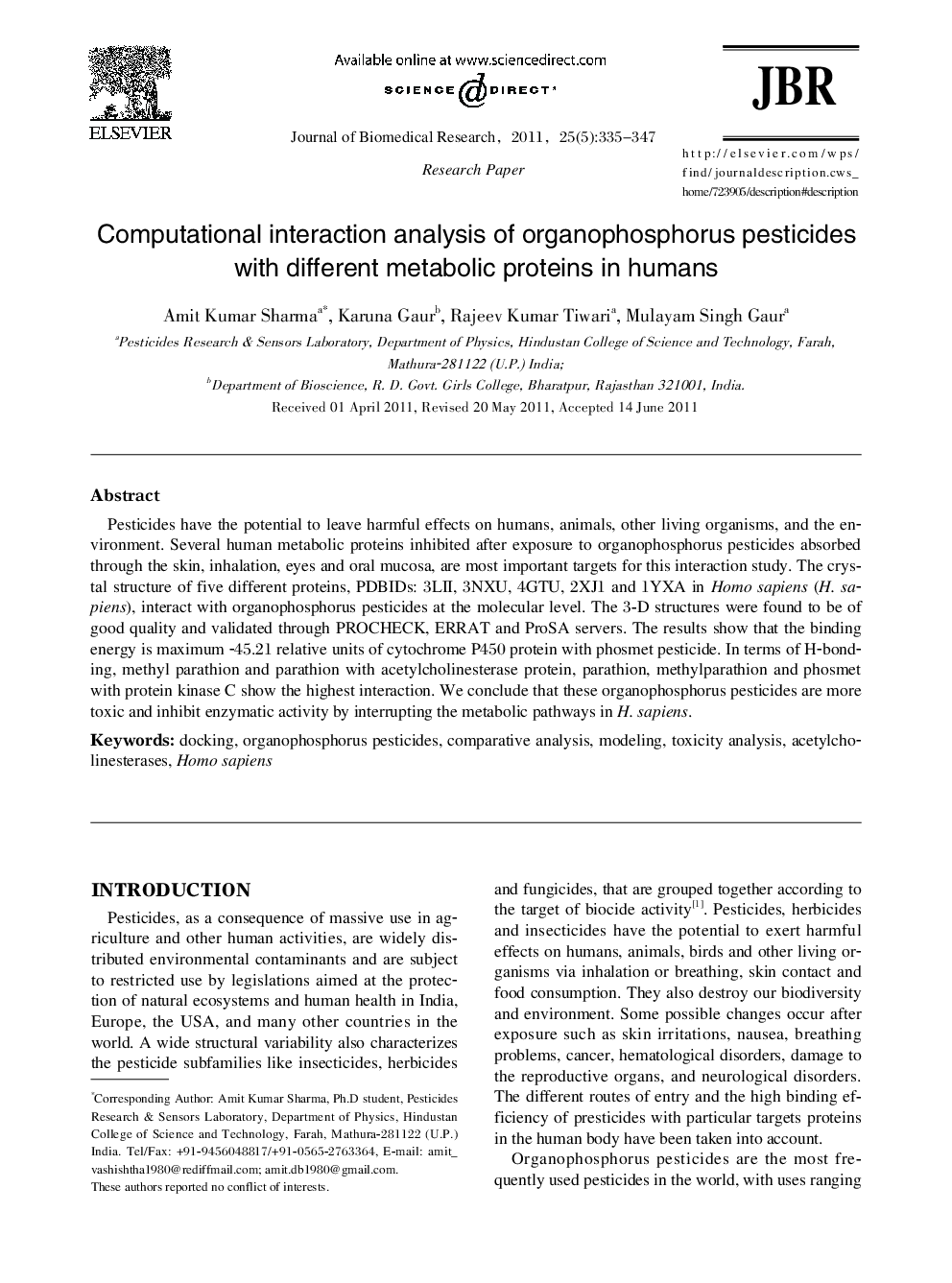 Computational interaction analysis of organophosphorus pesticides with different metabolic proteins in humans 