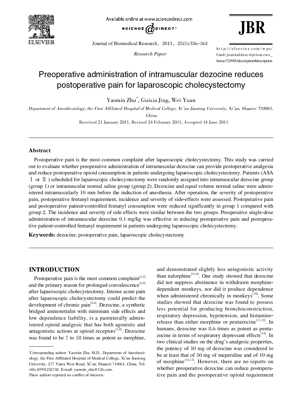 Preoperative administration of intramuscular dezocine reduces postoperative pain for laparoscopic cholecystectomy 