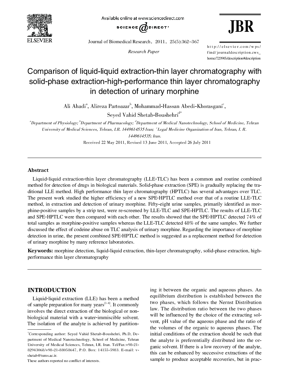 Comparison of liquid-liquid extraction-thin layer chromatography with solid-phase extraction-high-performance thin layer chromatography in detection of urinary morphine 