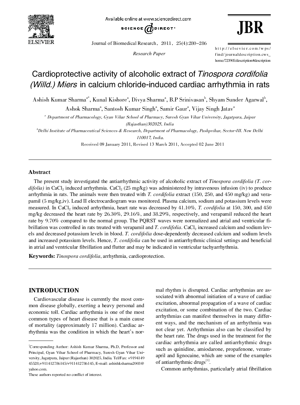 Cardioprotective activity of alcoholic extract of Tinospora cordifolia (Willd.) Miers in calcium chloride-induced cardiac arrhythmia in rats 