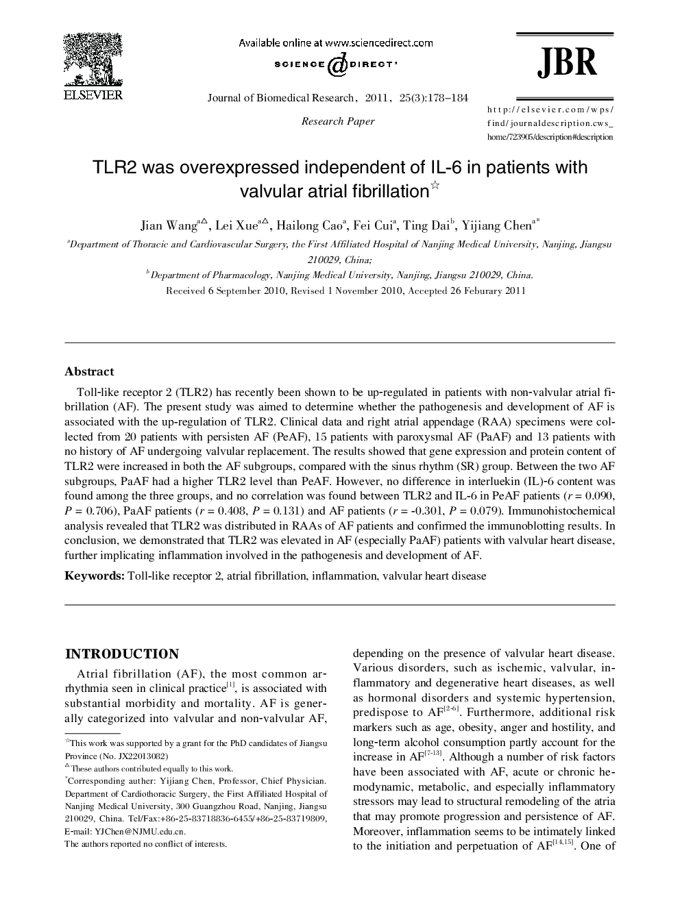 TLR2 was overexpressed independent of IL-6 in patients with valvular atrial fibrillation 
