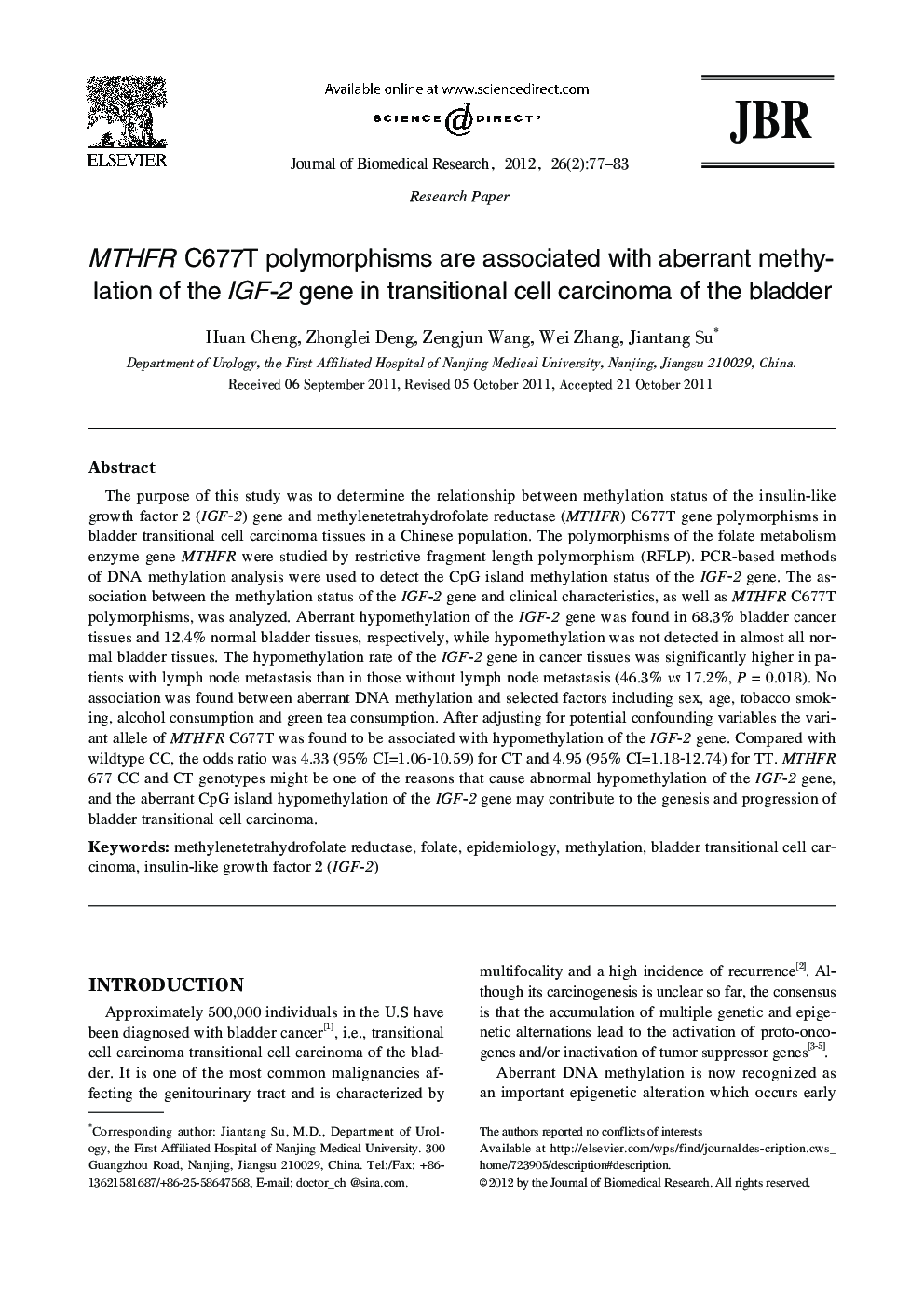MTHFR C677T polymorphisms are associated with aberrant methylation of the IGF-2 gene in transitional cell carcinoma of the bladder 