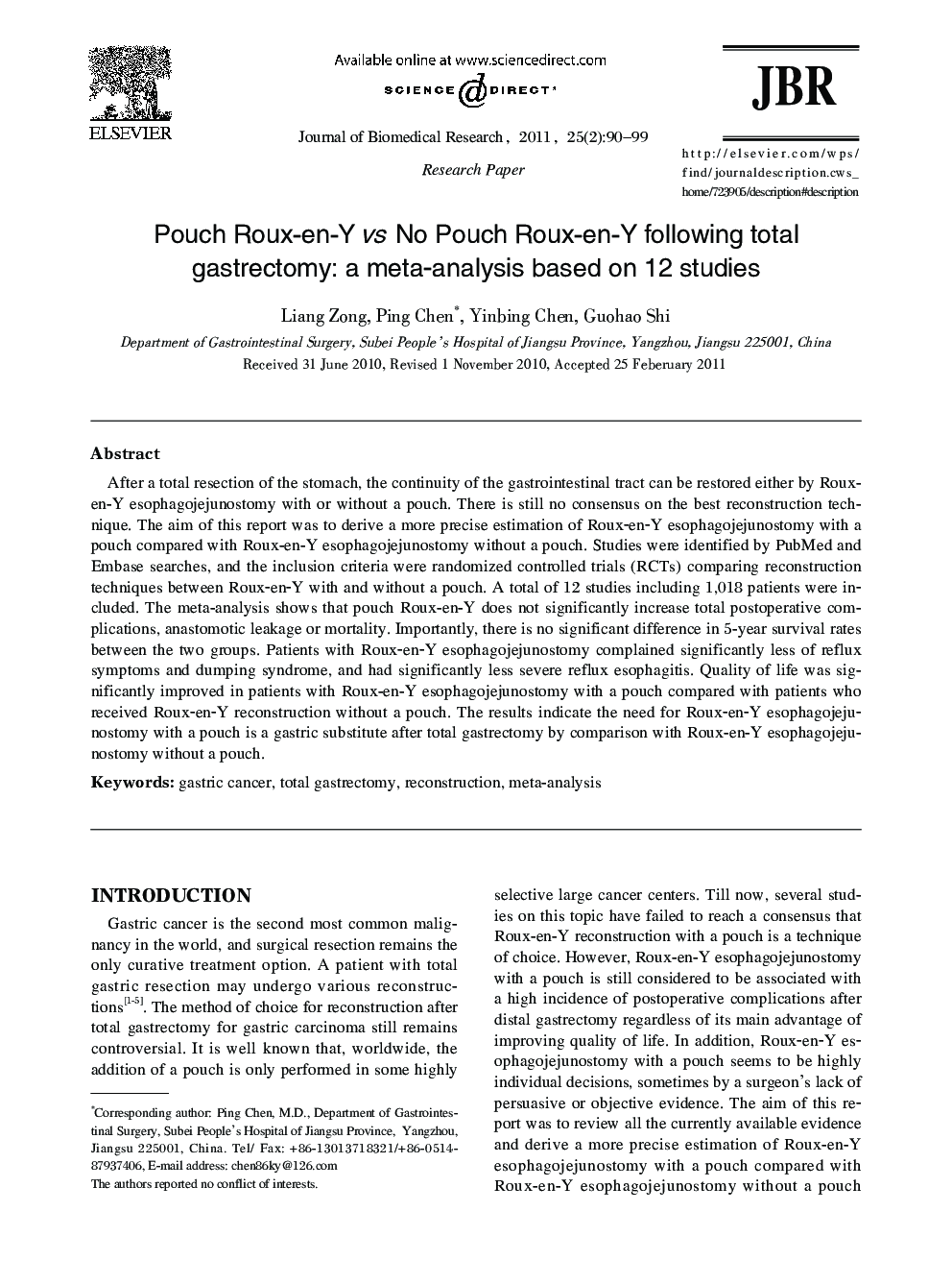Pouch Roux-en-Y vs No Pouch Roux-en-Y following total gastrectomy: a meta-analysis based on 12 studies 