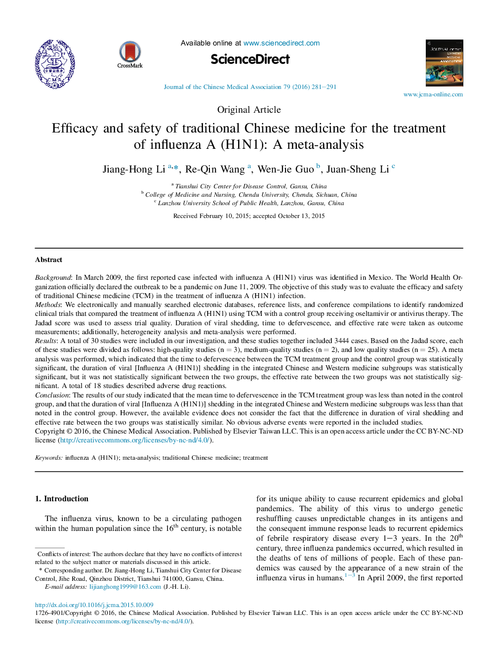 Efficacy and safety of traditional Chinese medicine for the treatment of influenza A (H1N1): A meta-analysis 