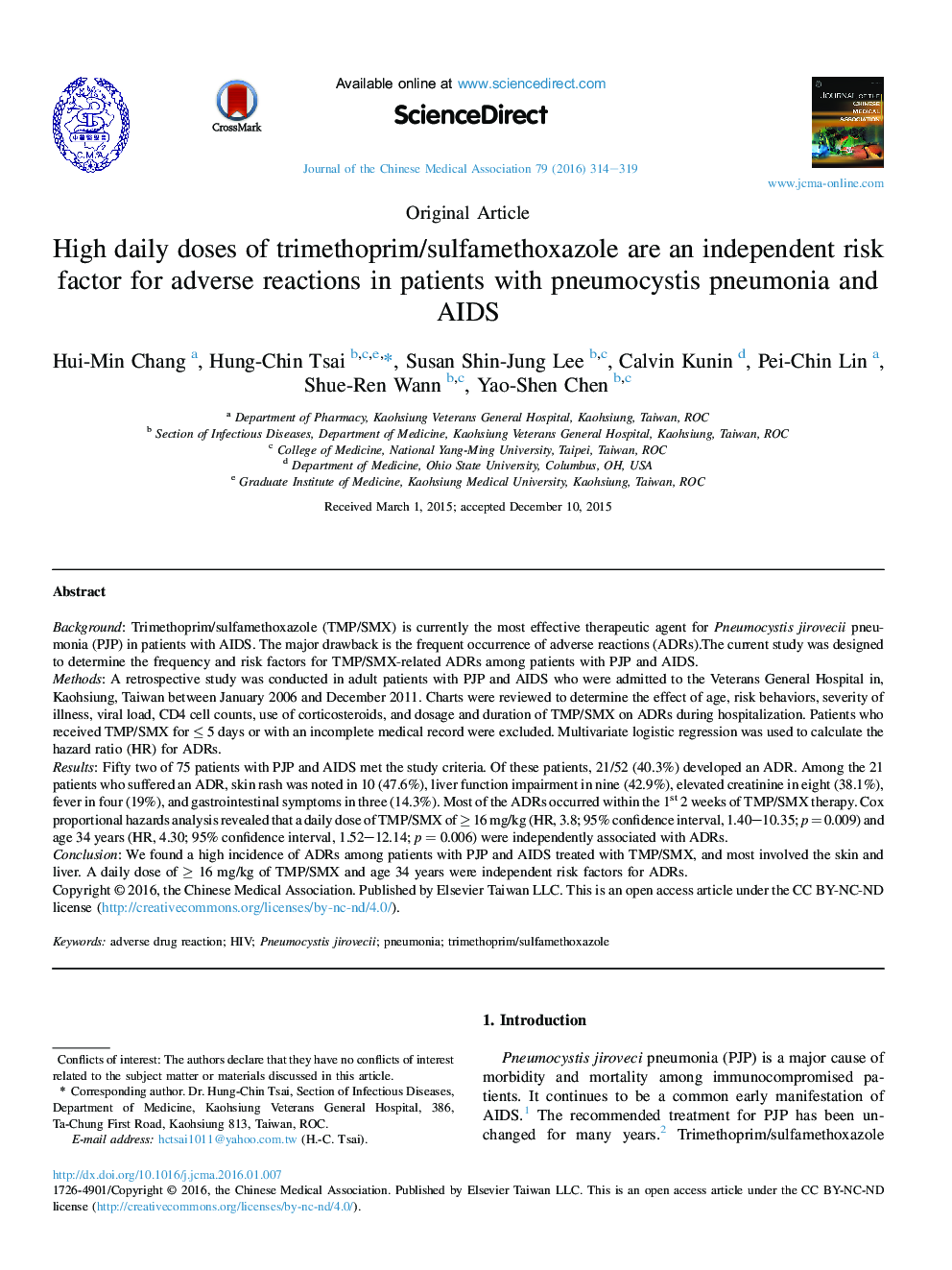 High daily doses of trimethoprim/sulfamethoxazole are an independent risk factor for adverse reactions in patients with pneumocystis pneumonia and AIDS 