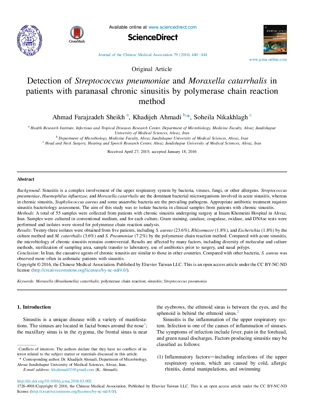 Detection of Streptococcus pneumoniae and Moraxella catarrhalis in patients with paranasal chronic sinusitis by polymerase chain reaction method 