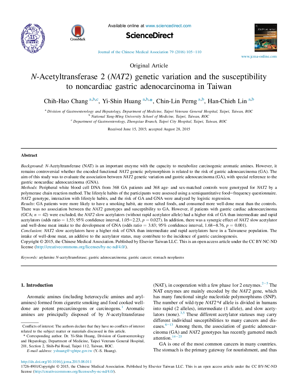 N-Acetyltransferase 2 (NAT2) genetic variation and the susceptibility to noncardiac gastric adenocarcinoma in Taiwan 