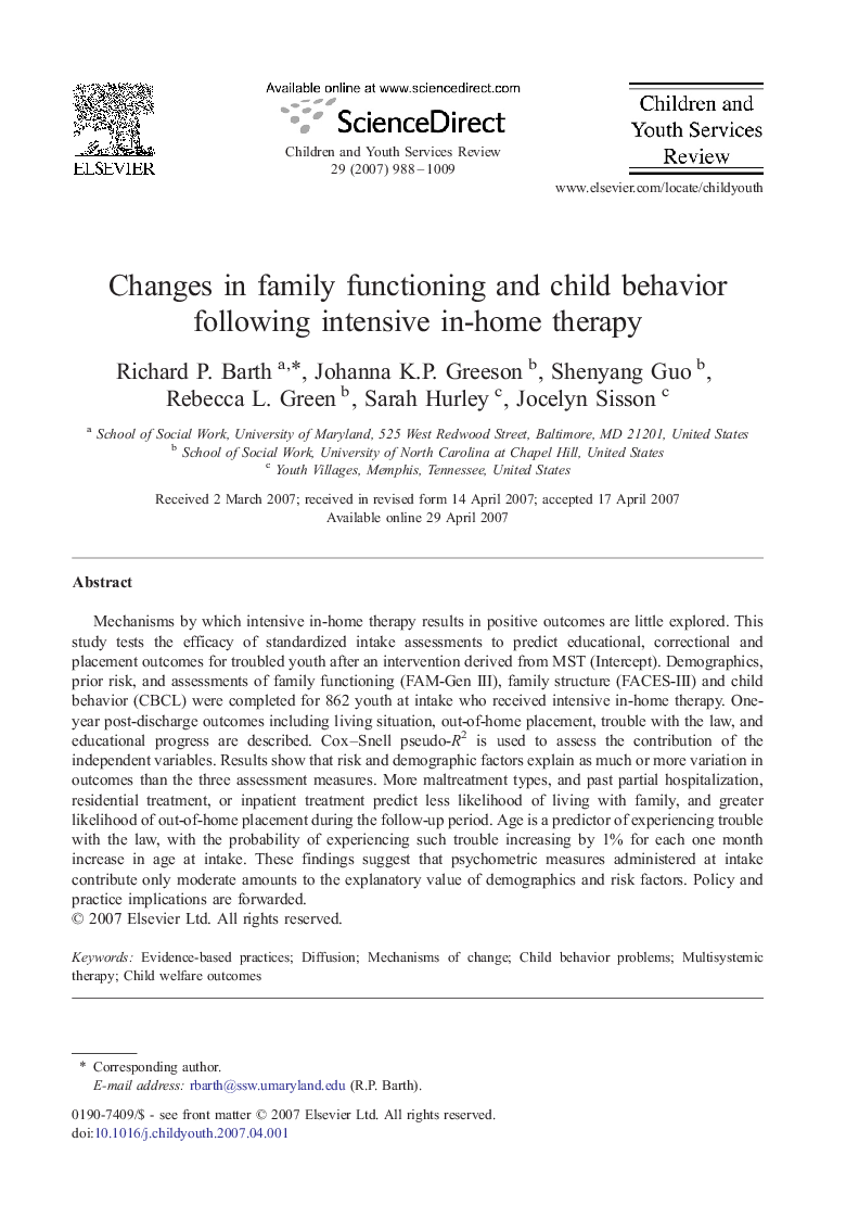 Changes in family functioning and child behavior following intensive in-home therapy